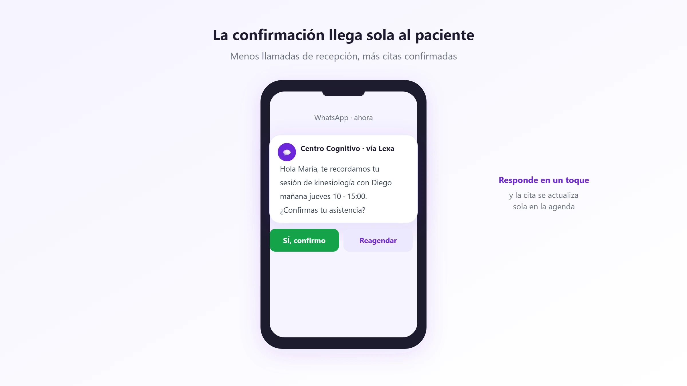 Confirmación automática de la cita Confirmación automática de la cita por WhatsApp, con respuesta en un toque