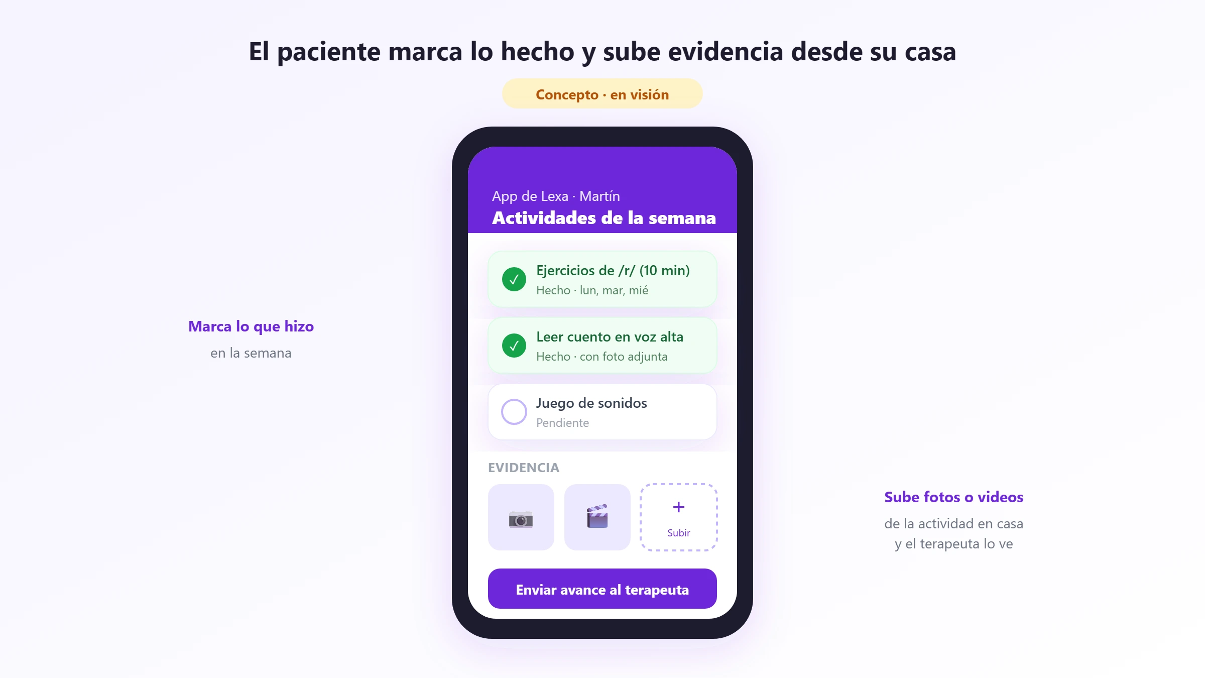 Concepto de app del paciente para registrar actividades en casa Concepto de app del paciente: marcar las actividades de la casa y subir fotos o videos como evidencia