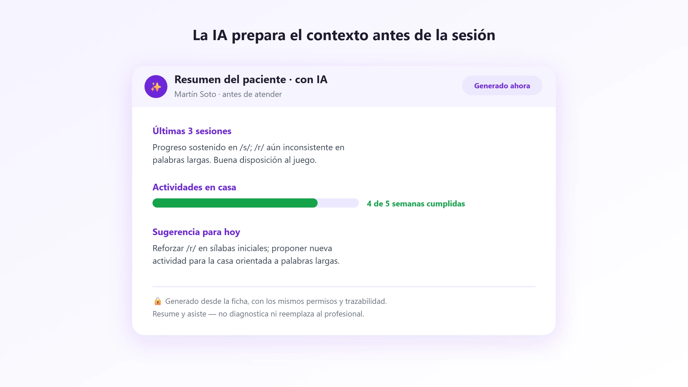 Resumen del paciente con IA antes de atender Resumen del paciente generado con IA antes de atender, con nota de trazabilidad y consentimiento