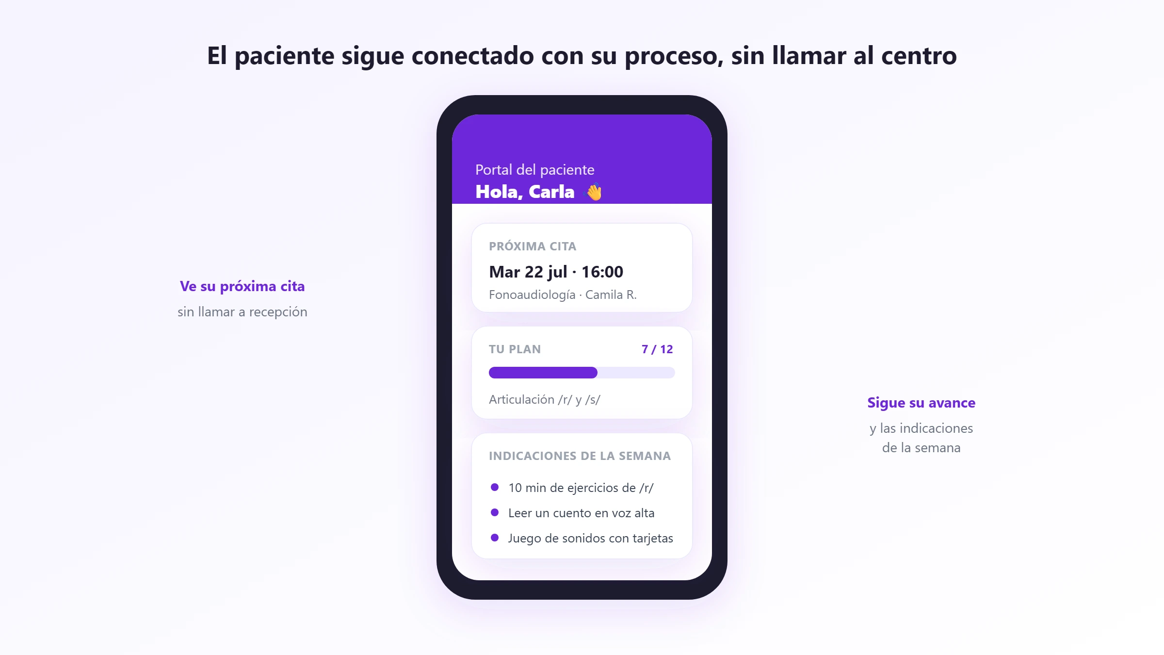 Portal del paciente Portal del paciente con la próxima cita, el avance del plan y las indicaciones de la semana