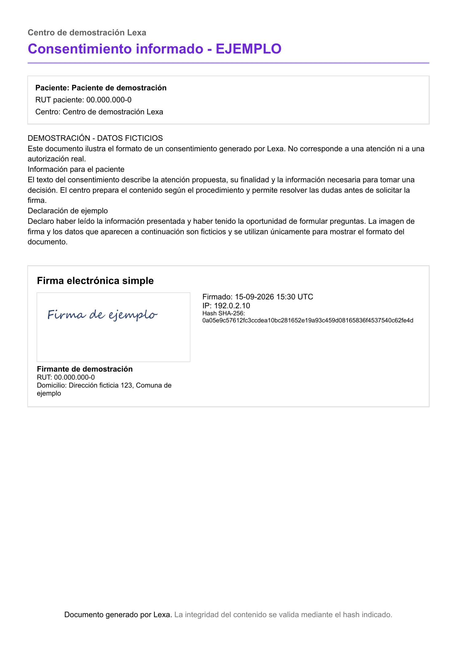 Página de consentimiento de demostración generada por Lexa con datos ficticios.